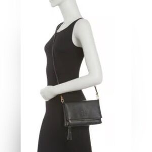 Tory Burch Taylor Fold Over Crossbody Black Pebbled Leather with Tassel